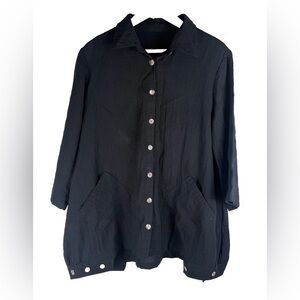 FRIDAZE 100% Linen Black Tunic Top Button Accents Side Pockets Size L- Lagenlook